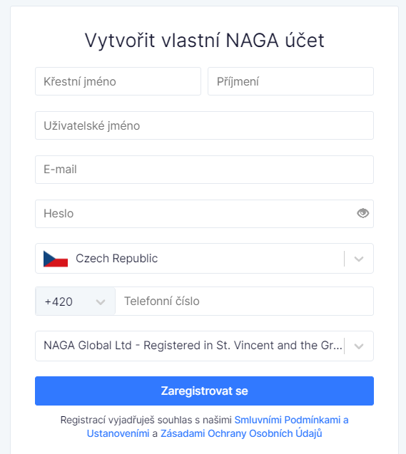 Registrace účtu NAGA