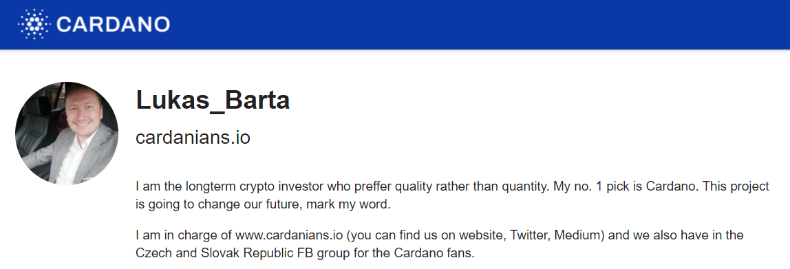 Ambasador za cardano česko Lukas Barta