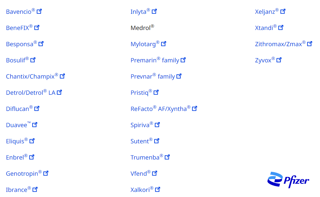 klíčové produkty Pfizer