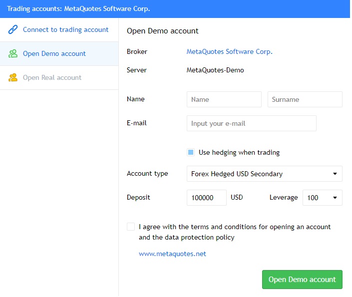 demo účet MT4 založení