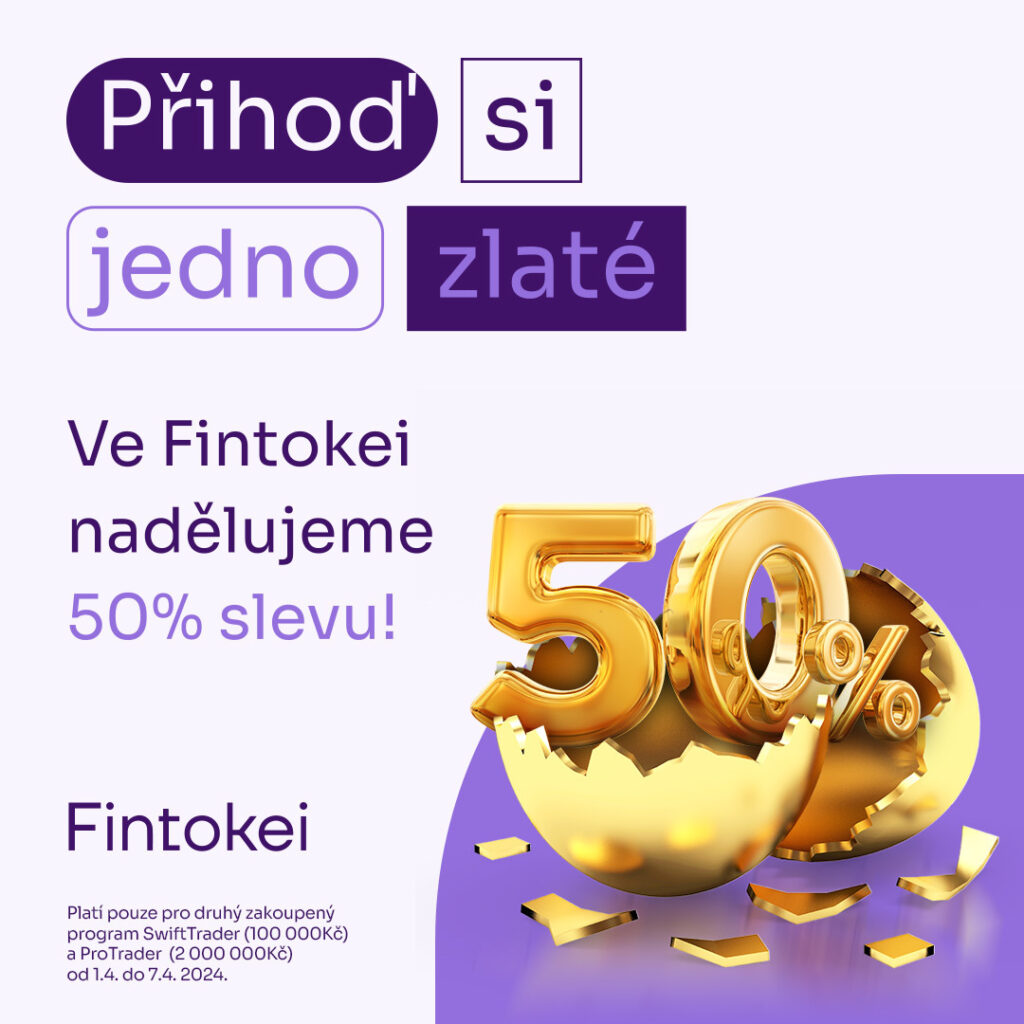Slevová kampaň české evaluační firmy Fintokei, která nabízí 50% slevu na vybrané programy SwiftTrader a ProTrader.